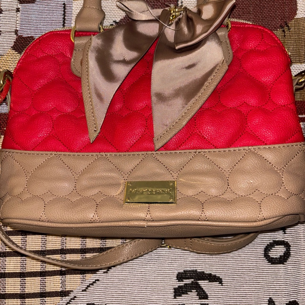 Betsey Johnson Red and Tan Quilted Crossbody Satchel with Bow